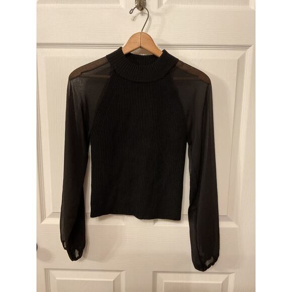 French Connection Melody Fabric Mix Black Mock High Neck Long Sleeve Top, S - Picture 2 of 7